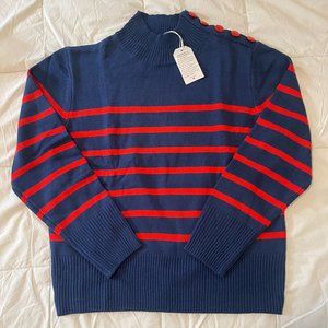 Blue Sweater with Red Stripes & Red Buttons